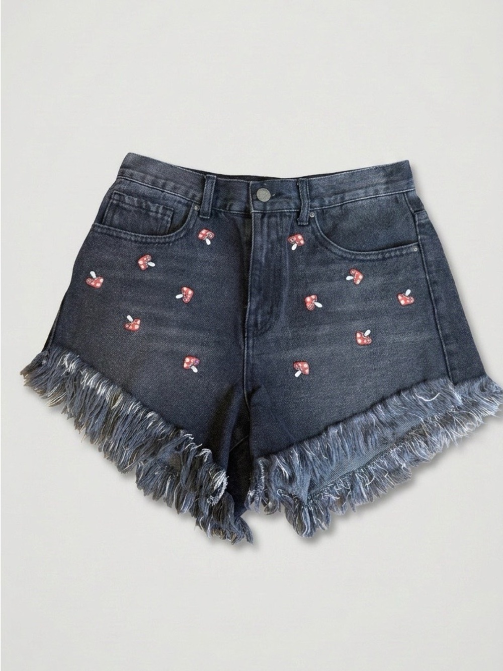 Simple Society Black Denim Shorts with Red Mushroom Embroidery